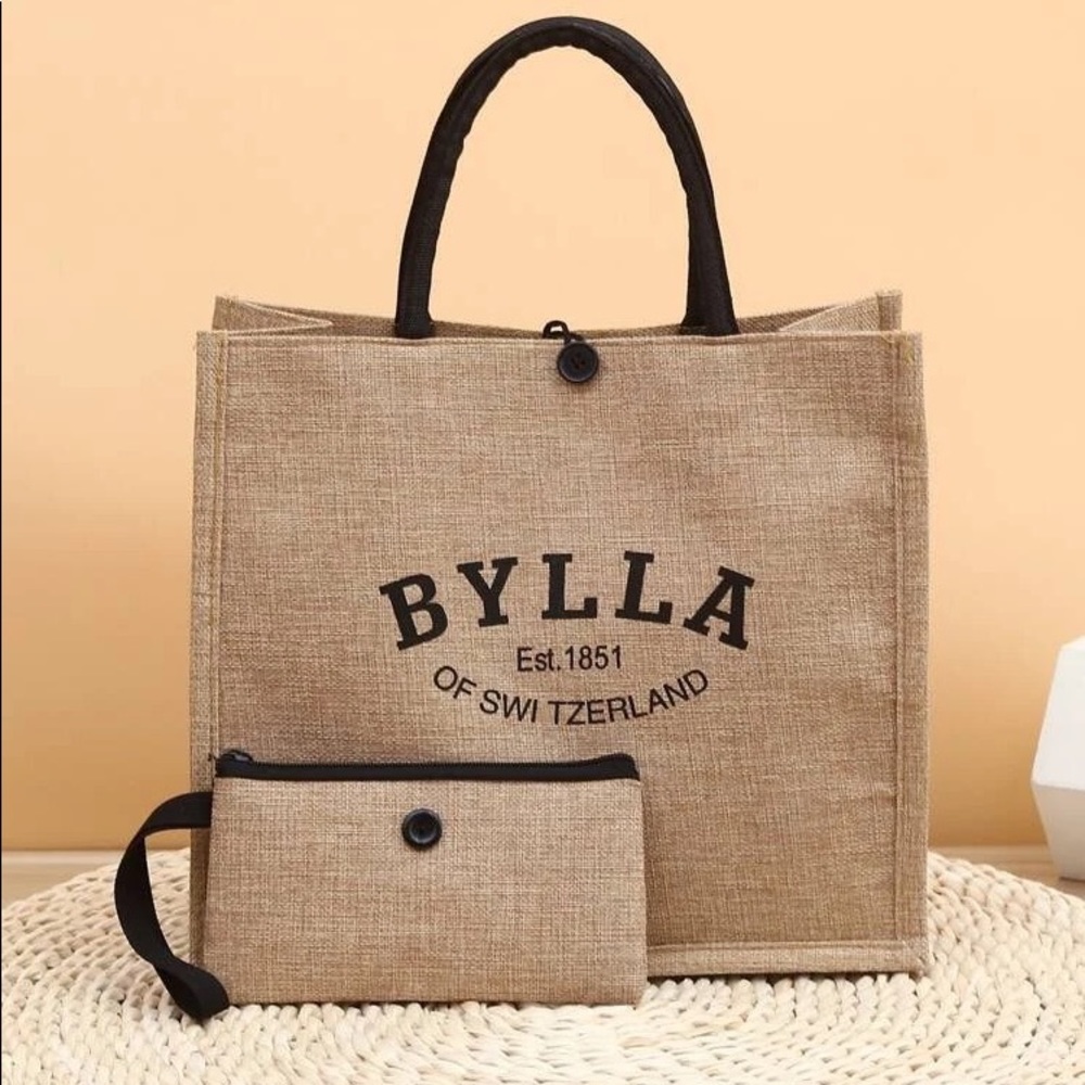 Shein Bylla Switzerland Linen Letter Graphic Tote Bag Purse Wristlet